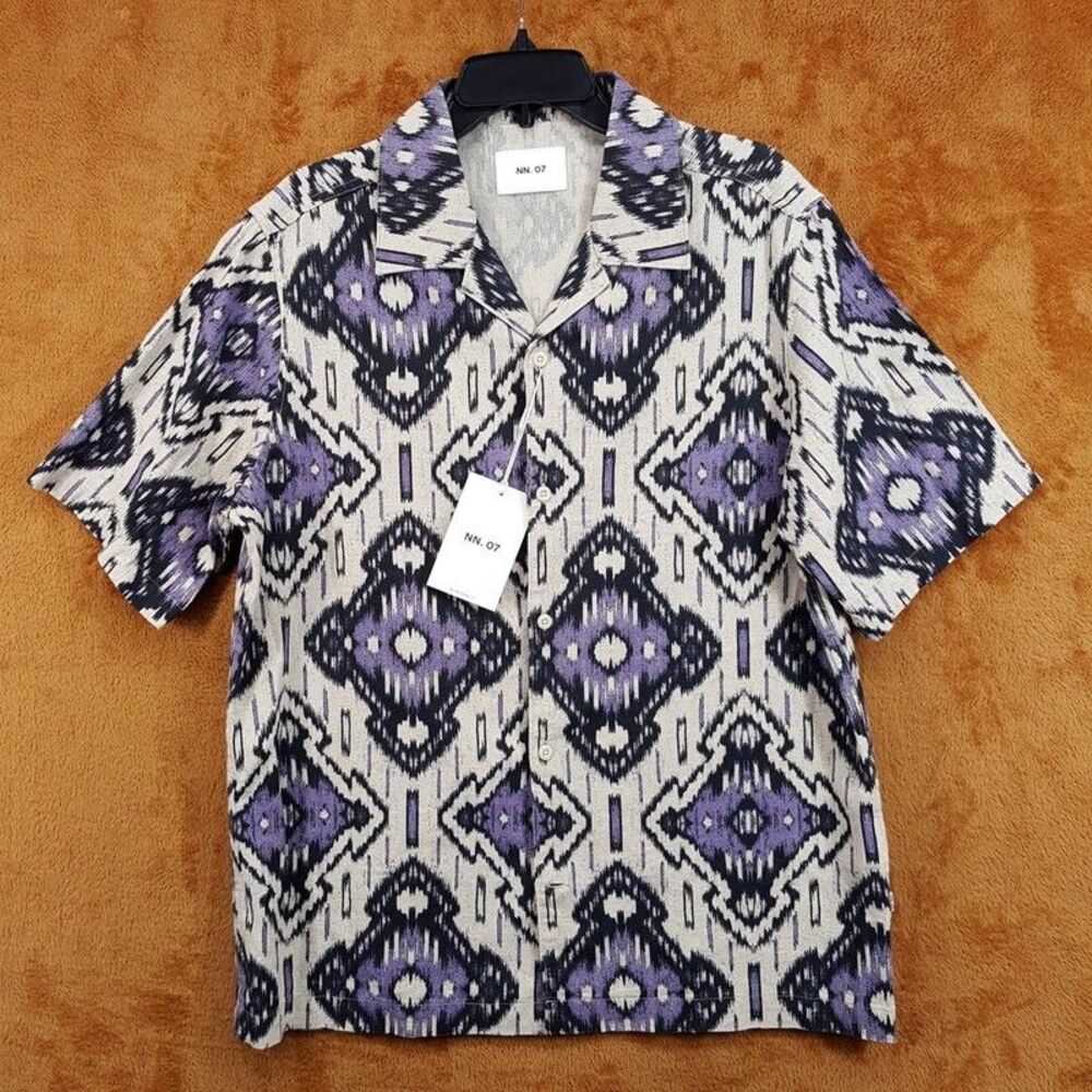 NN07 Camp Shirt Mens Large Tan Purple Diamond Ikat Linen Blend JULIO $230